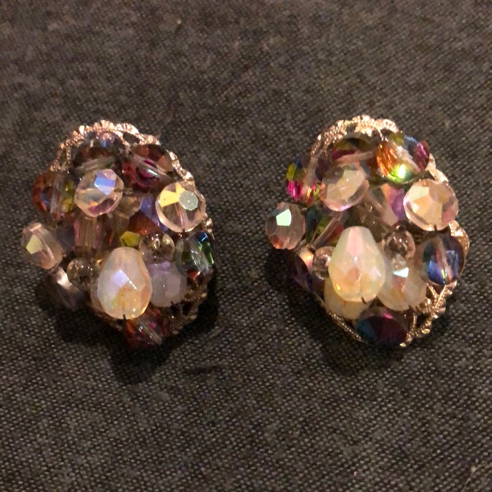 Vintage Iridescent Crystal Clip Earrings